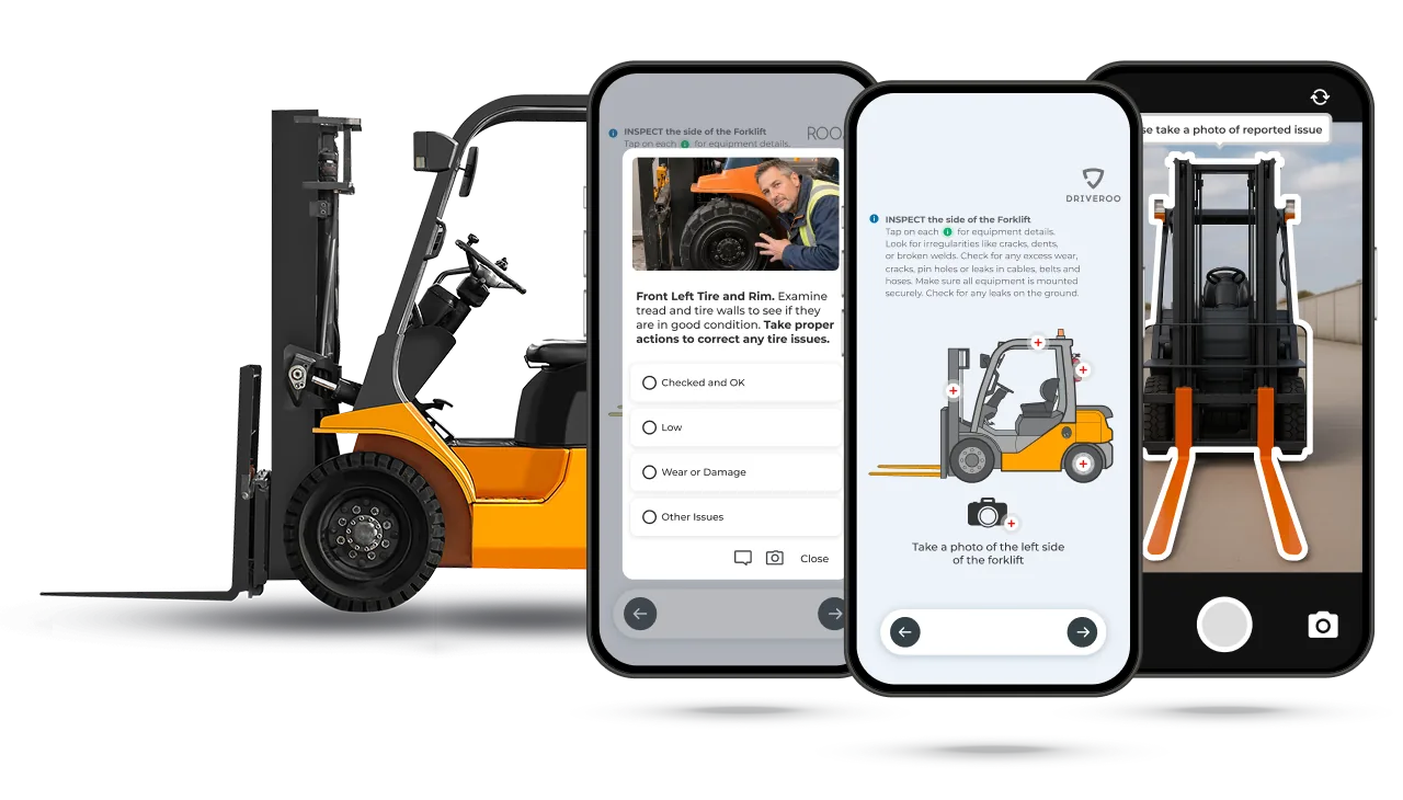 Forklift beside three phones running a Driveroo inspection: a tire and rim check with answer options, a guided side-of-forklift check, and a photo of a reported issue