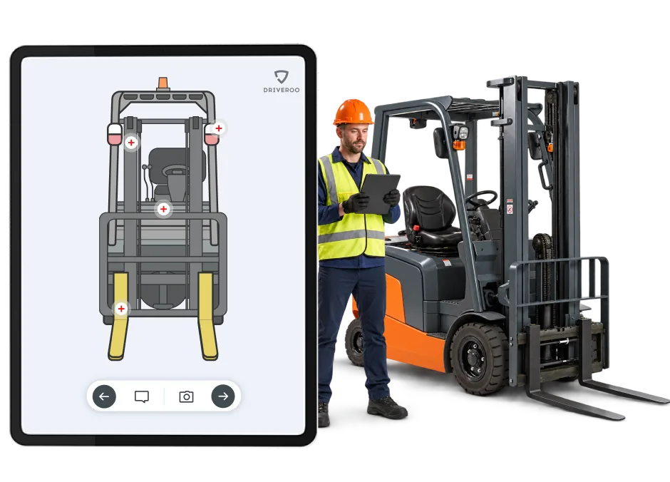 Tablet showing a front view of a forklift with marked inspection points, beside an operator in a hard hat and hi-vis vest checking a forklift