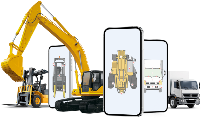 Driveroo check-out app on three phones showing a forklift, an excavator and a box truck with marked inspection points, in front of the same vehicles