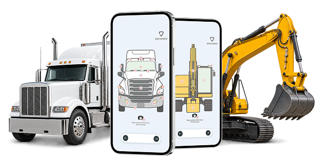 Driveroo inspection app on two phones, a tractor front view and an excavator with marked inspection points, in front of a semi truck and an excavator