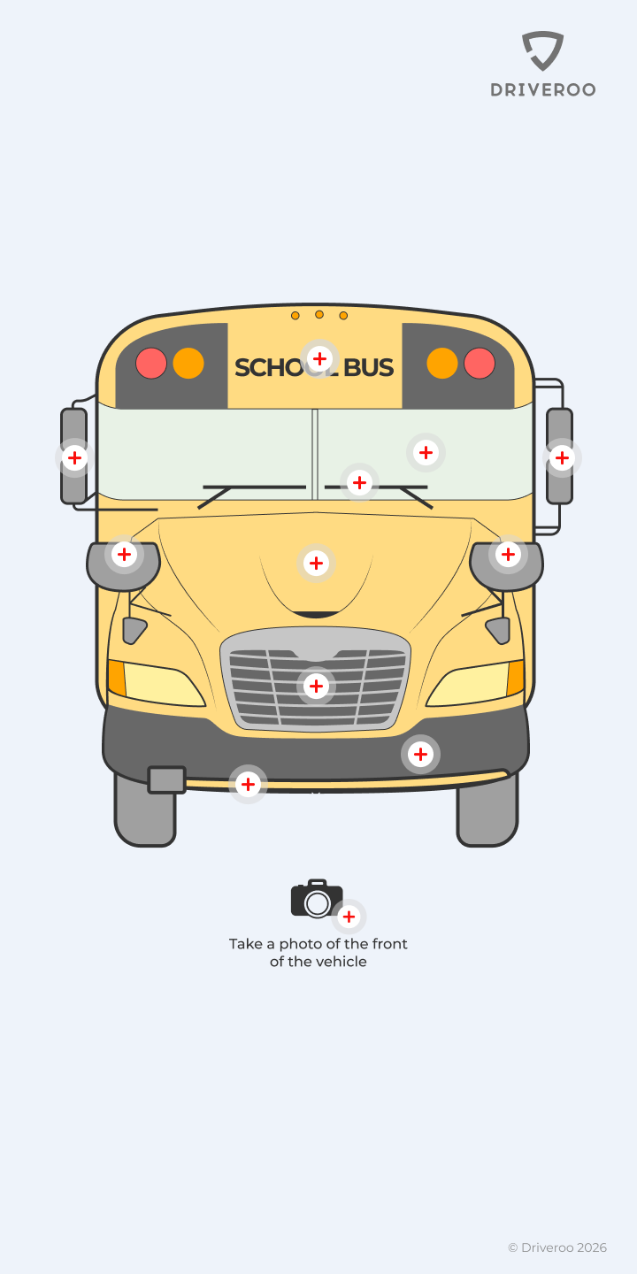 Bus Pre-Trip screen: a school bus with its inspection points marked