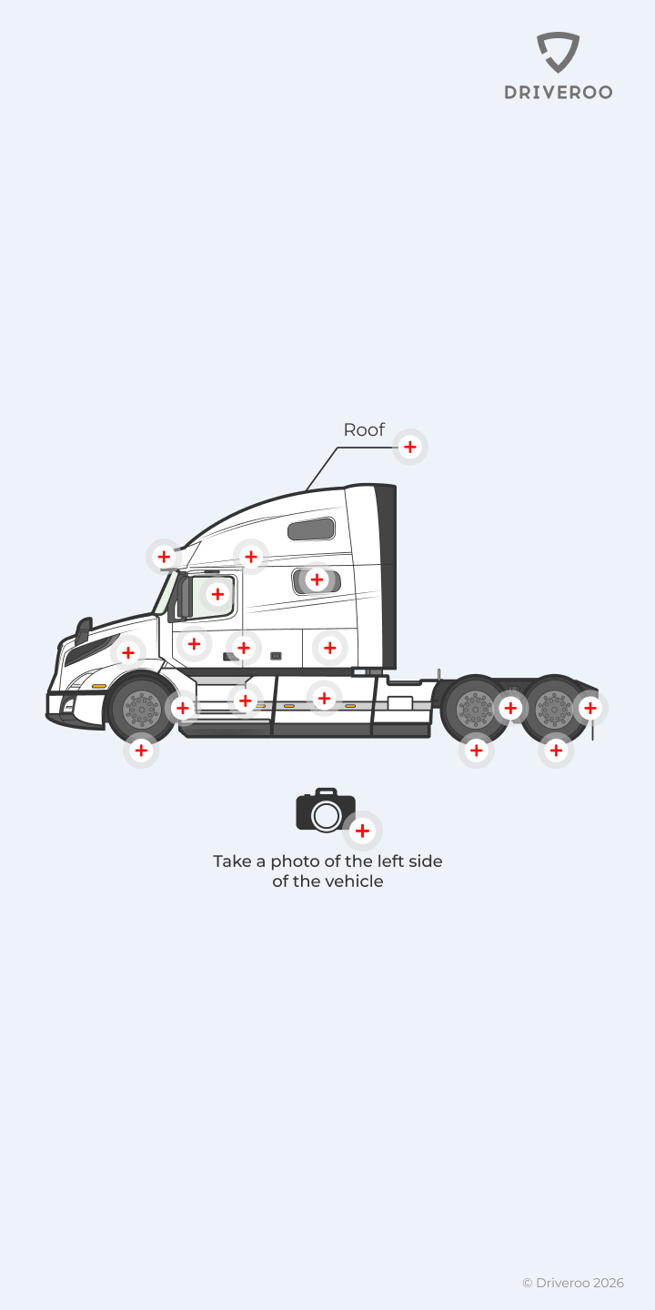 Pre-Trip DVIR screen: a Class 8 tractor with its inspection points marked