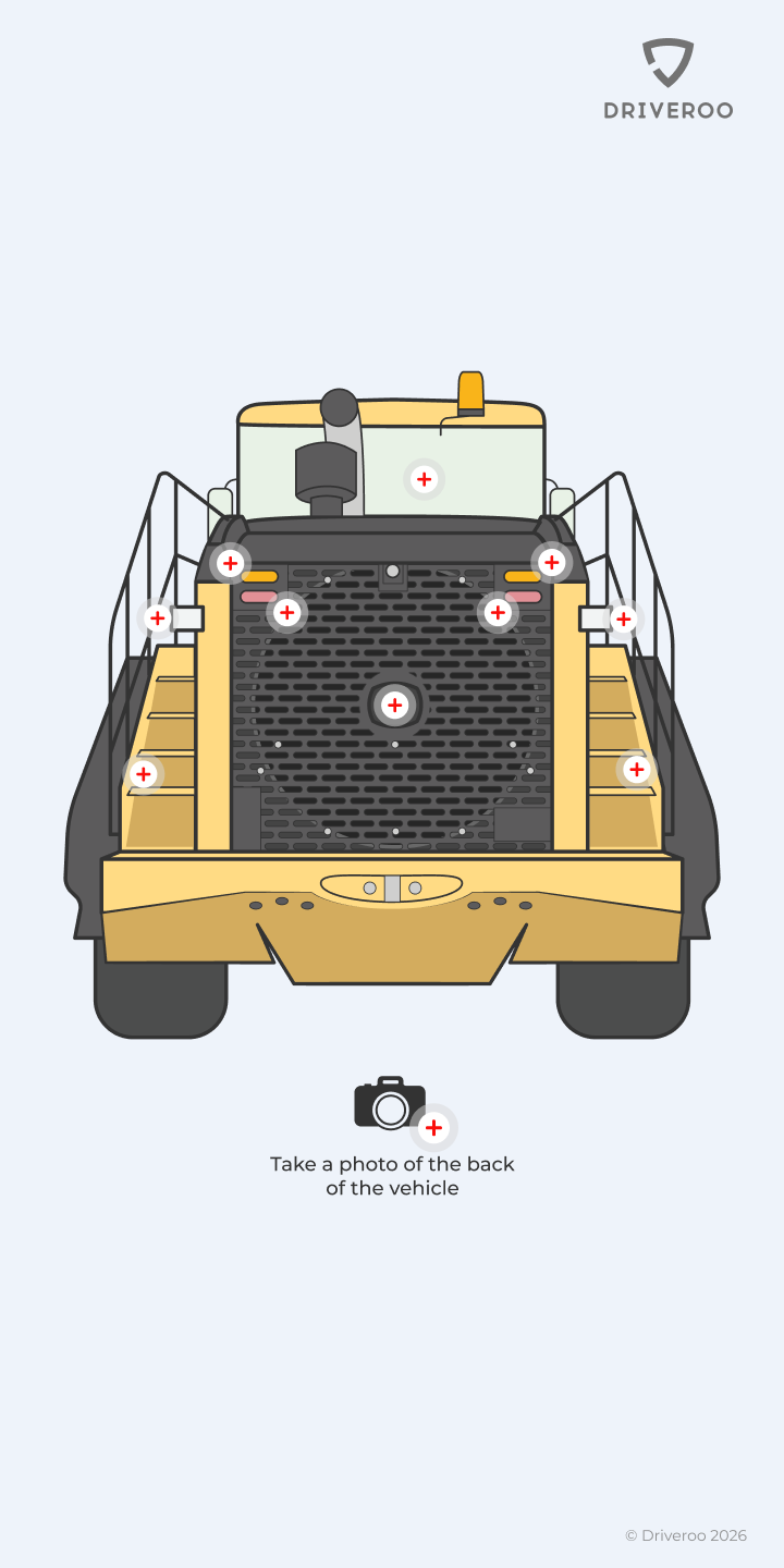 Excavator Pre-Use Check screen: an excavator with its inspection points marked
