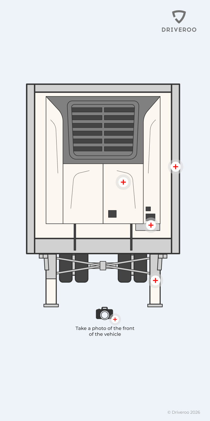 Driveroo trailer inspection screen: a reefer trailer from the side with its inspection points marked