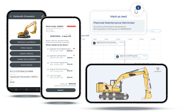 Driveroo maintenance screens: excavator asset page, work order with parts and costs, planned maintenance reminder on the calendar, and marked inspection points on the excavator
