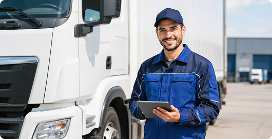 Driver completing a guided visual walkaround check on a phone beside a truck